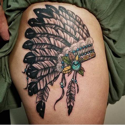 Black and Grey Girl with Native American Headdress Tattoo