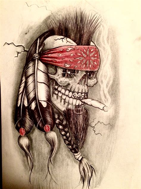 Native American skull tattoo inked on the right forearm