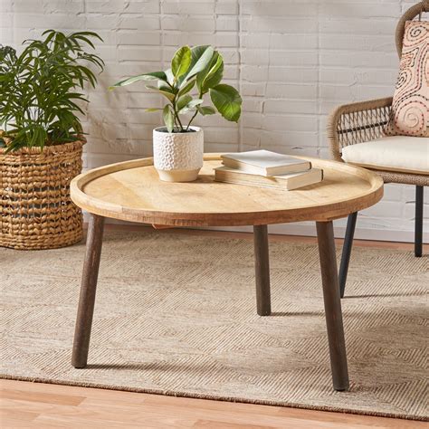 DecMode Round Natural Wood Top Coffee Table With Distressed White Metal Base, 32" X 18