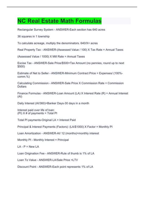 Nc Real Estate Math Formulas