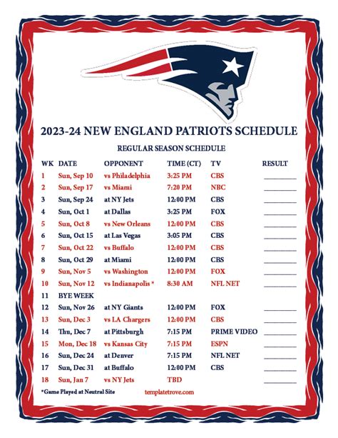 Ne Patriots Schedule Printable
