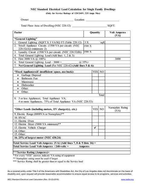 Nec Electrical Load Calculation Worksheet