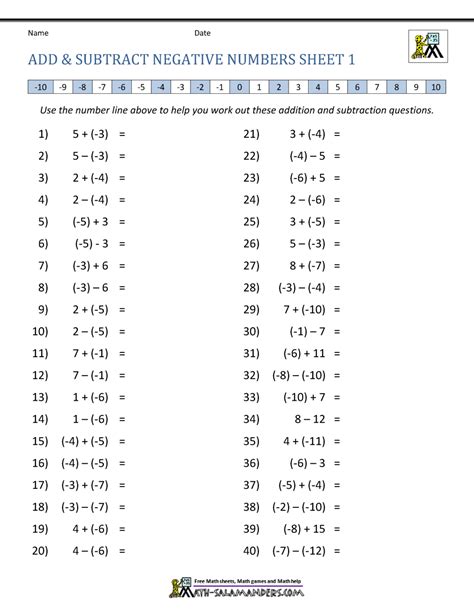 Negative Numbers Addition And Subtraction Worksheet