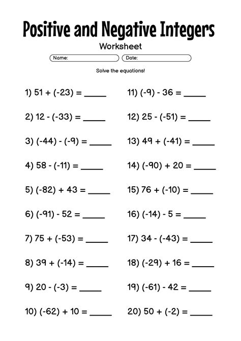 Negative And Positive Integers Worksheets