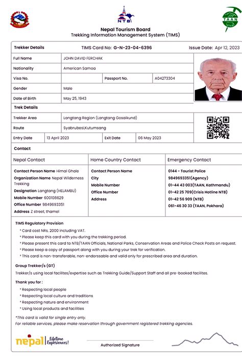 Nepal trekking permit example