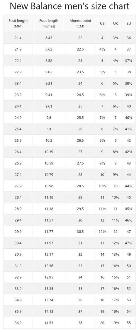 New Balance Men's Size Chart