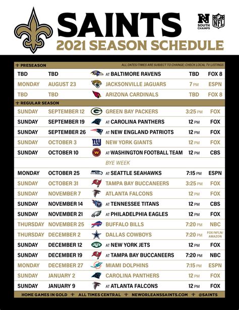 New Orleans Saints Printable Schedule 2022-23