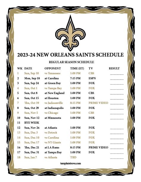 New Orleans Saints Schedule 2023 Printable