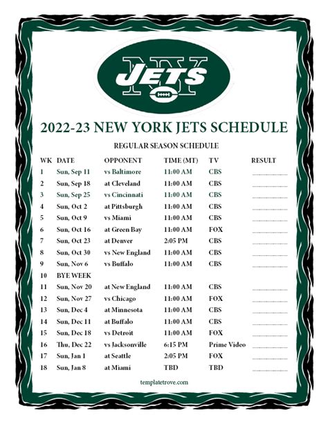 New York Jets Printable Schedule
