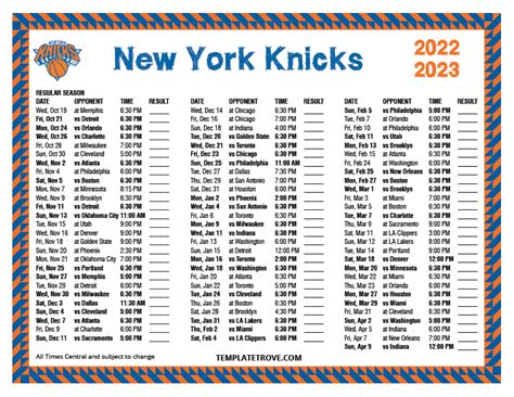 New York Knicks Printable Schedule