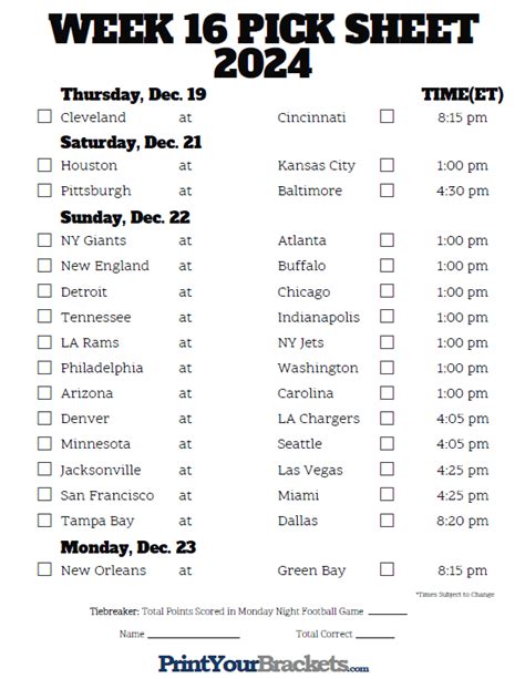 Nfl Week 16 Schedule Printable