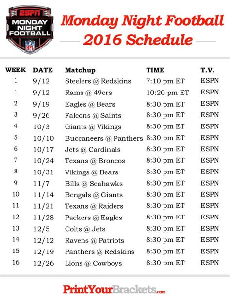 NFL Monday Night Football Schedule 2016 Print Here http