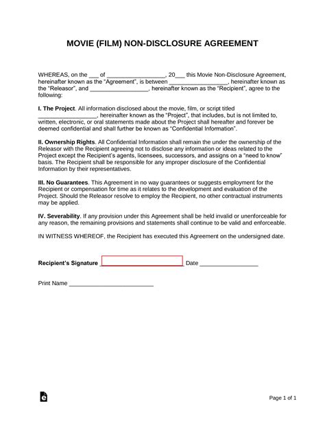 Non Disclosure Agreement Template Film Script | HQ Printable Documents