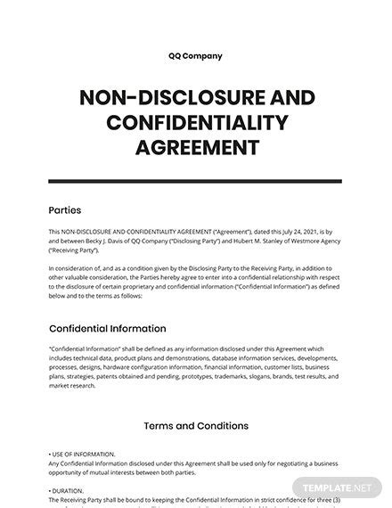 Non-Disclosure And Confidentiality Agreement Template