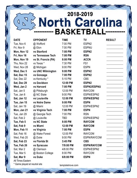 North Carolina Basketball Printable Schedule