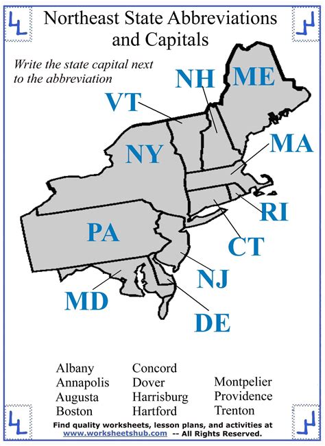 Northeast States And Capitals Printable