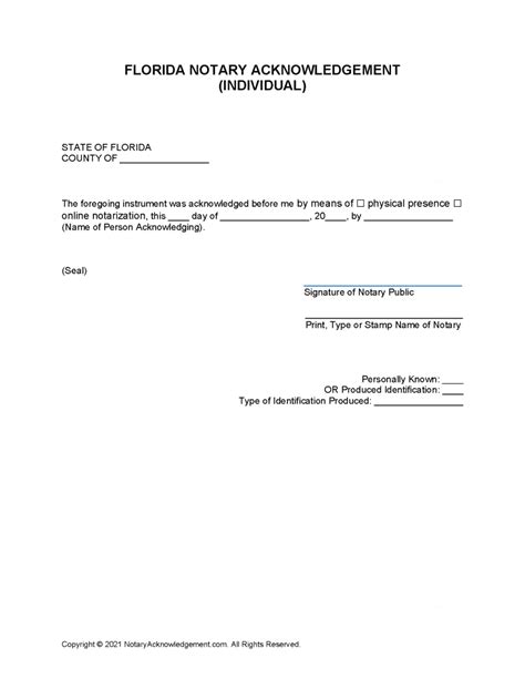 Notary Acknowledgement Florida Template