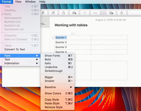Notes Shortcuts to Create and Navigate in Tables on Mac