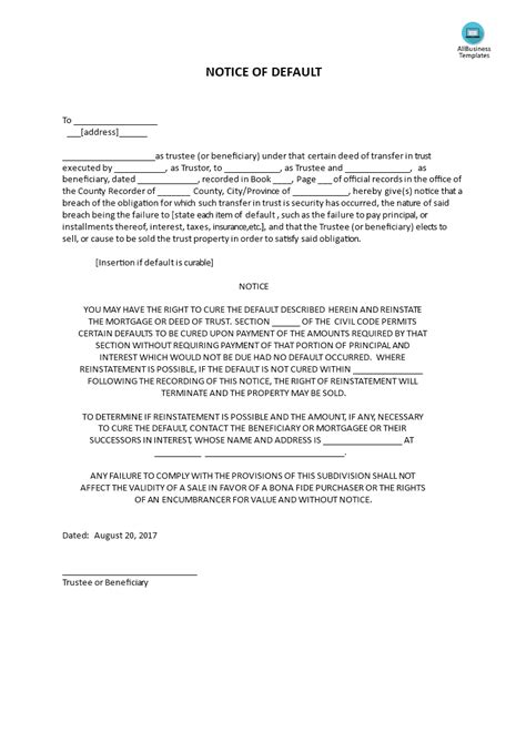 Notice Of Default Letter Template
