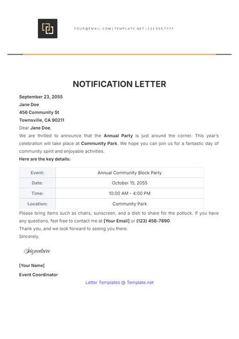 Notification Letter Template Examples