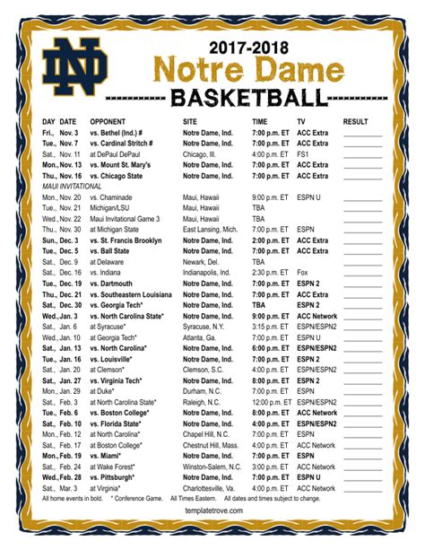Notre Dame Women's Basketball Schedule Printable