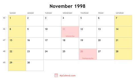 Nov 1998 Calendar