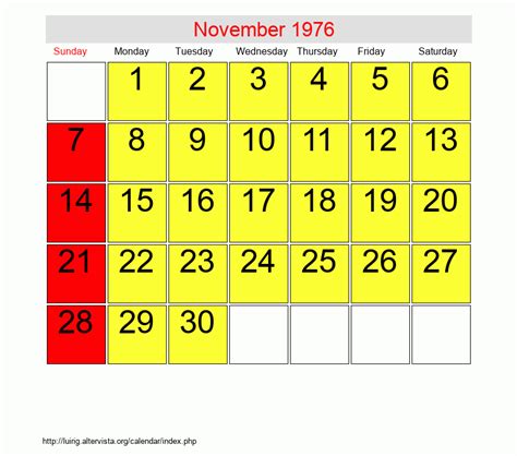 Nov 1976 Calendar