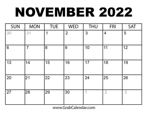 Nov 2022 Calendar Printable