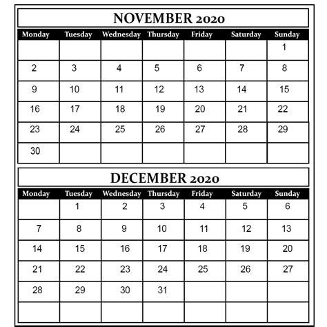 Nov Dec Calendar Printable