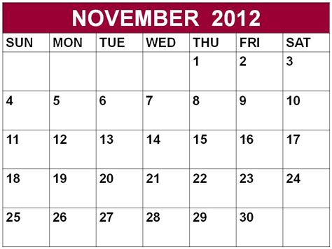 November 2012 Calendar With Holidays