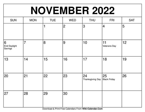 November 2022 Printable Calendar With Holidays