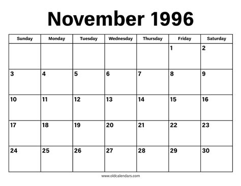 November Calendar 1996