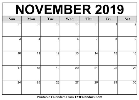 November Monthly Calendar Printable