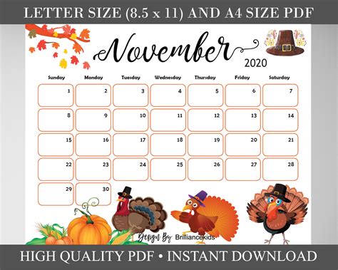 November Thanksgiving Calendar