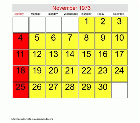 November 1973 Calendar