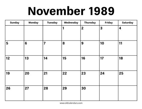 November 1989 Calendar