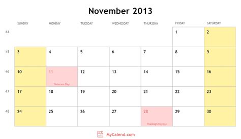 November 2013 Calendar With Holidays