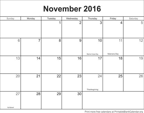 November 2016 Month Calendar