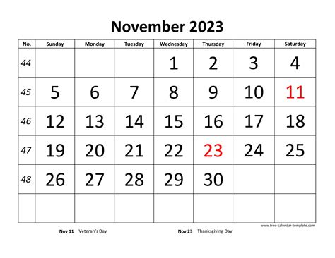 November 2023 Calendar designed with large font (horizontal) Free