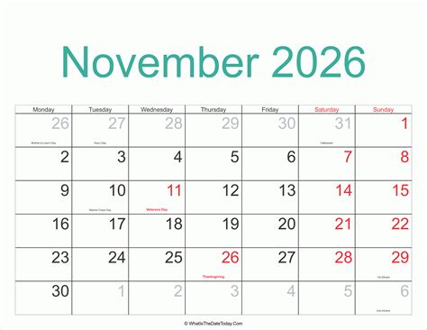 November 2026 Calendar With Holidays