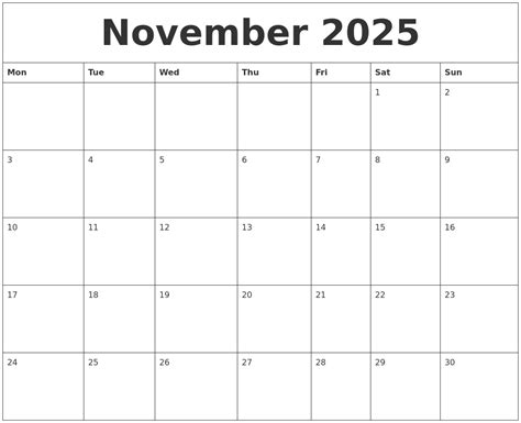 November Calendar 2025