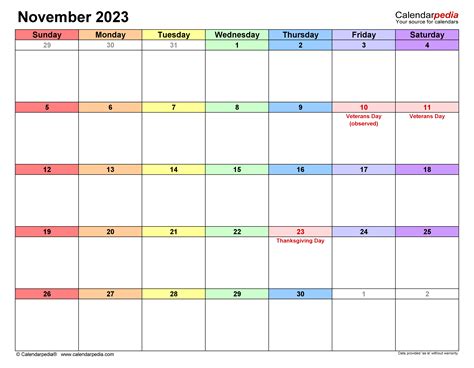 November Calendar Colors