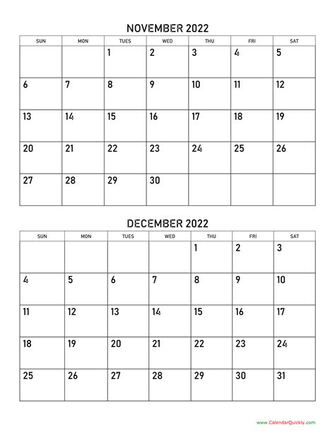 November December 2022 Printable Calendar