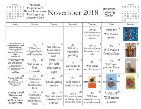 November Kindergarten Calendar