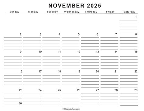 November Ruled Printable Calendar