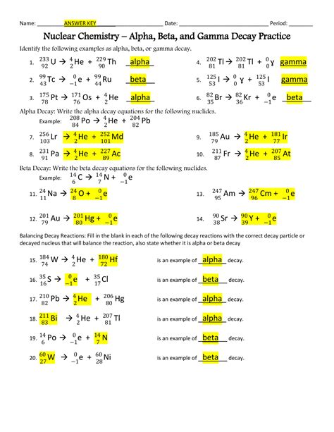Nuclear Chemistry Alpha Beta Gamma Decay Practice Worksheet Answers