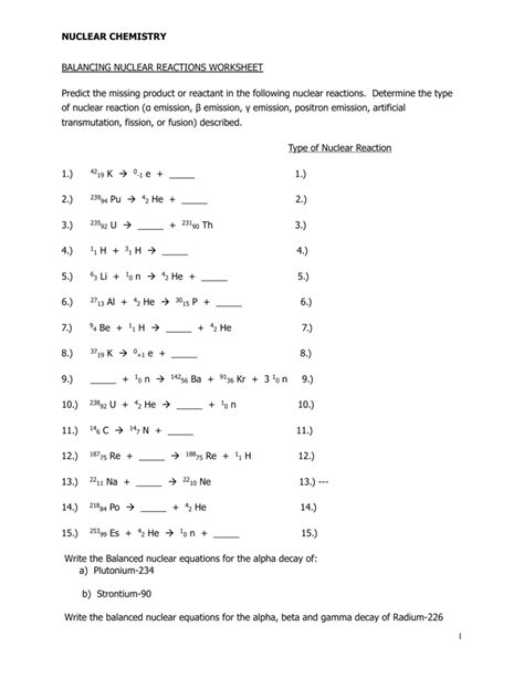 Nuclear Equations Worksheet And Answers