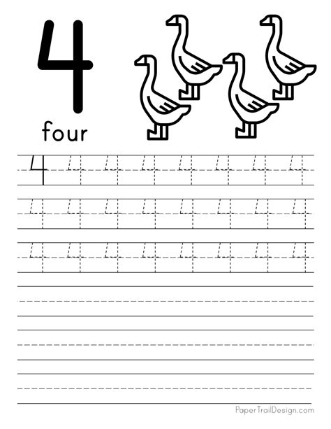 Number 4 Tracing Worksheets