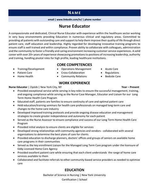 Nurse Educator Resume Sample