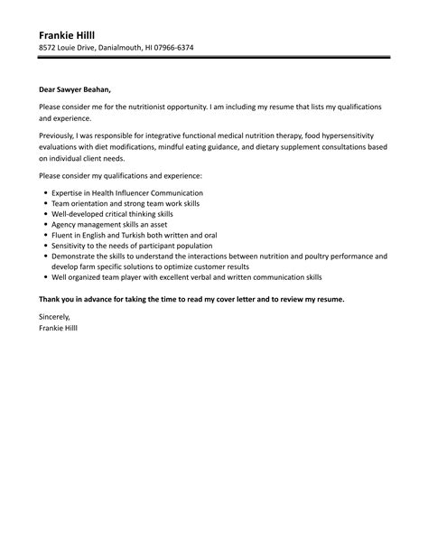 Nutritionist Cover Letter